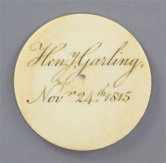 An early 19th century ivory Royal Academy Antique School ticket, for Henry Garling, November 24th 1815, diameter 2in.